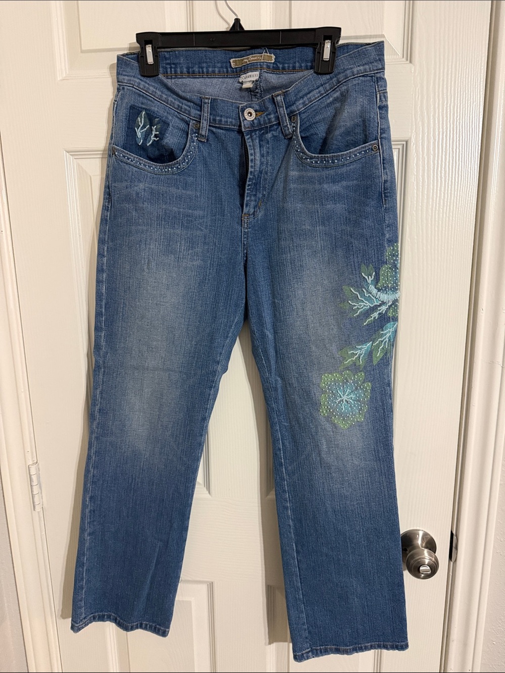 Z. Cavaricci Blue Straight Leg Jeans with Floral Embroidery
